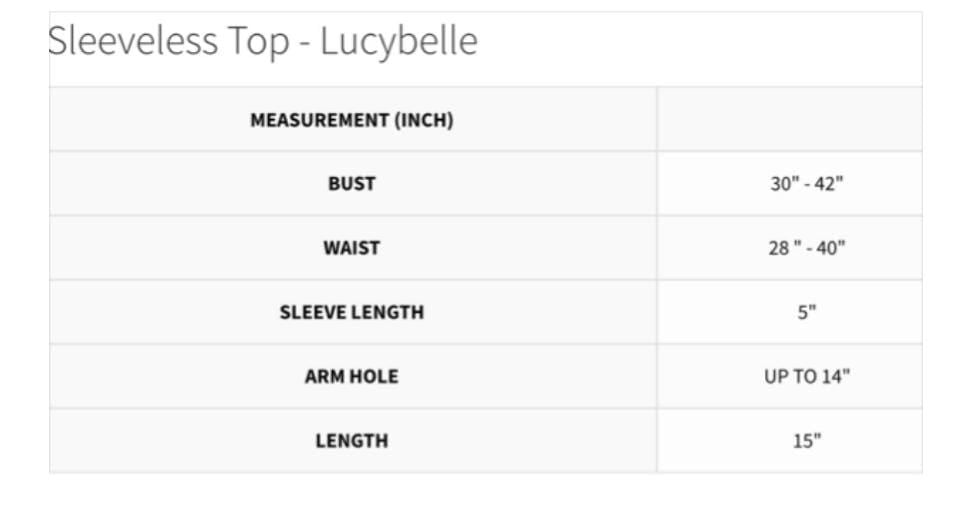 SIZE CHART LUCYBELLE